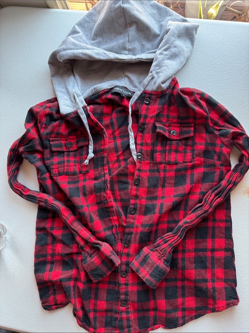 New Look Red and Black Plaid Hooded Button-Down Shirt with Gray Hood
